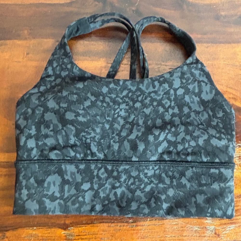 Lululemon Energy Bra Longline Grey Black Leopard Camo Strappy Sports Bra XS‎